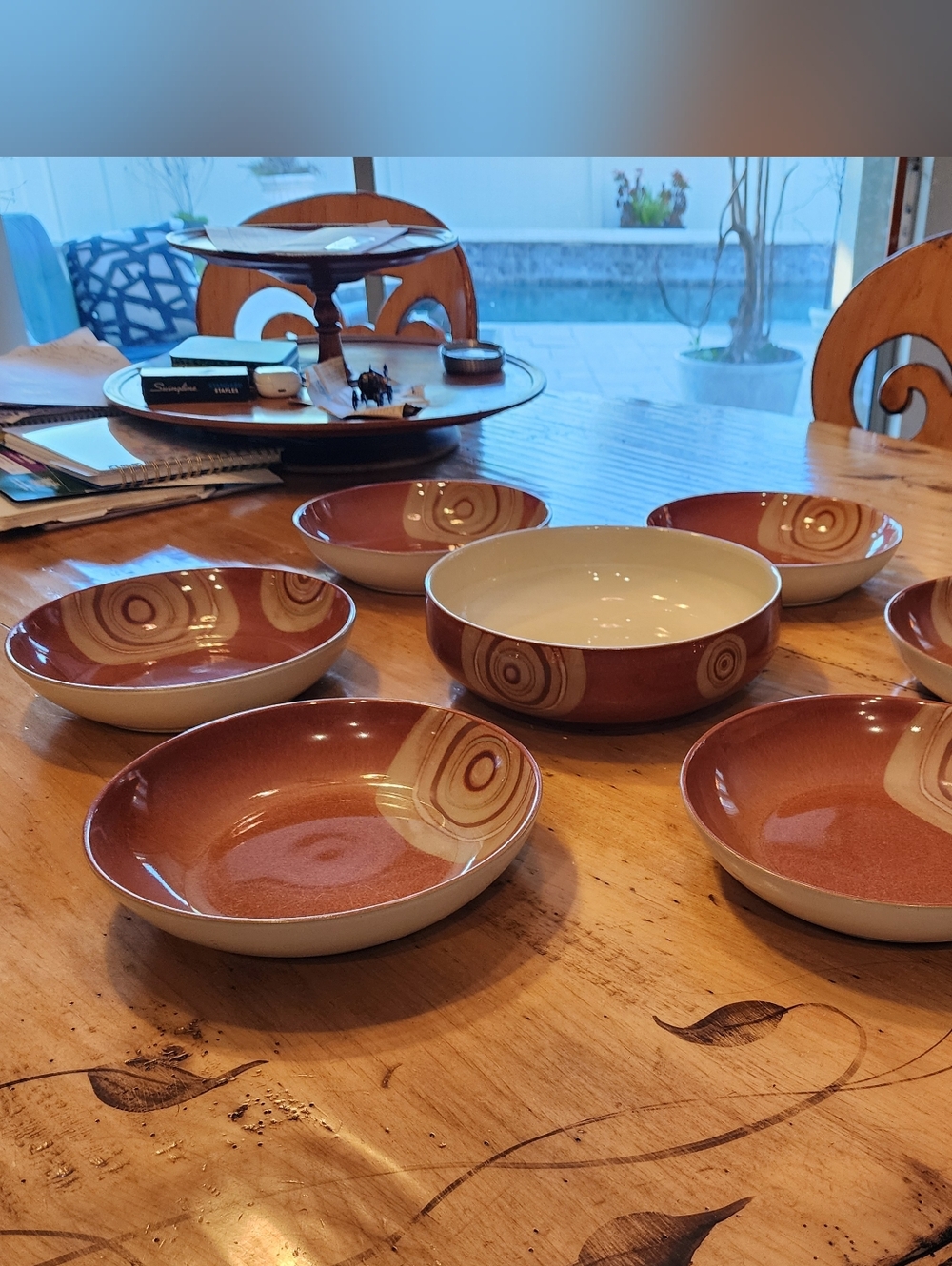 Denby Langley Fire Chilli Swirl 9 5/8" Pasta Serving Bowl & 6 Pasta Bowls 8 3/4"